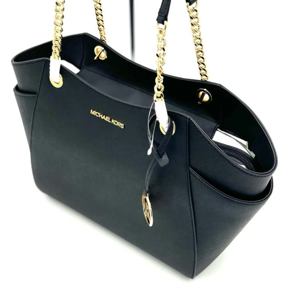 Michael Kors Jet Set Travel Large Chain Shoulder Tote Bag Black/Gold - Picture 8 of 12